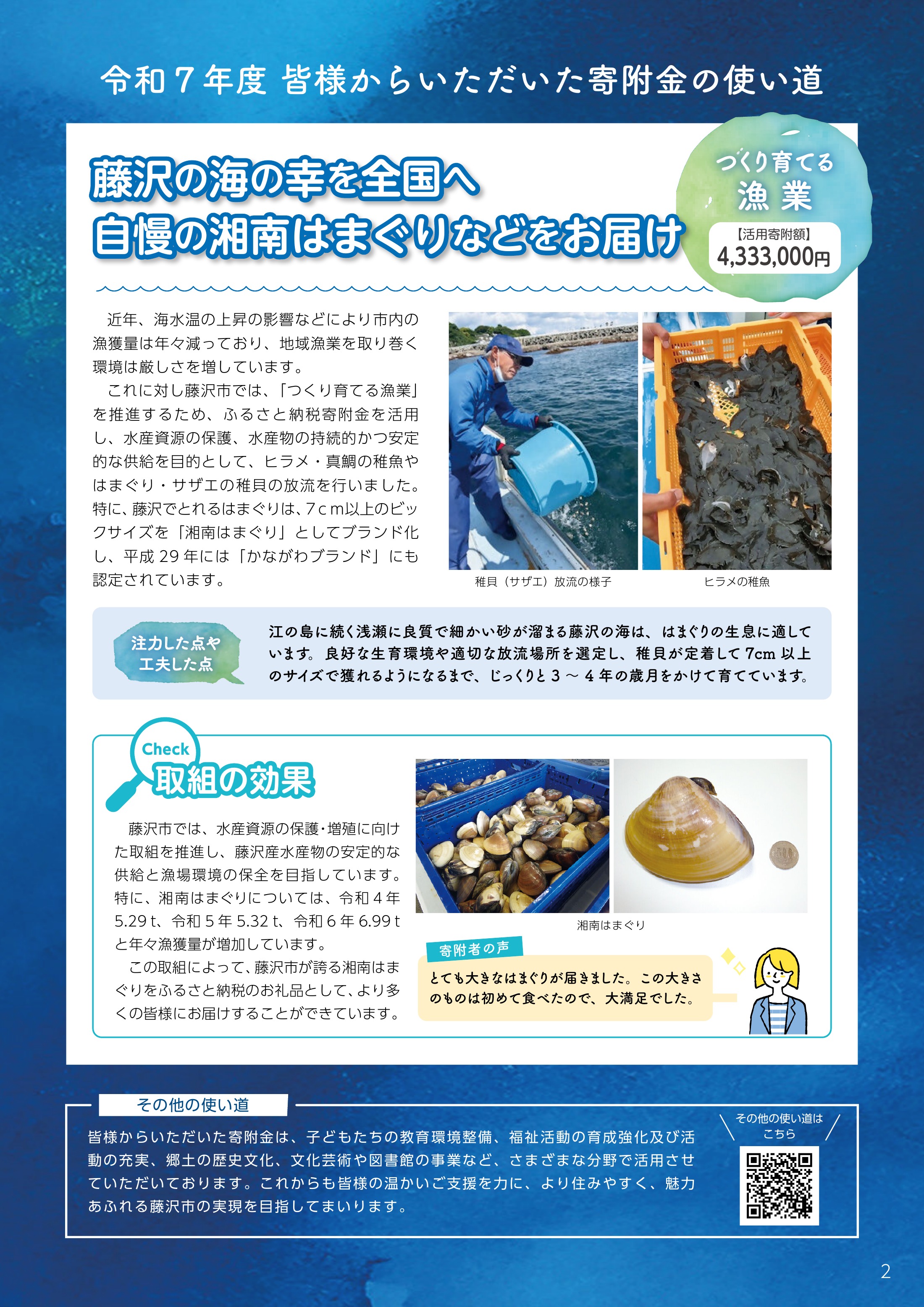 令和7年度 寄附金の使い道。つくり育てる漁業：湘南はまぐりなどの水産資源を保護・増殖する取組に4,333,000円を活用。詳しくは画像を選択してPDFをご覧ください。